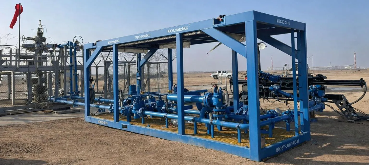 Blue BoostFlow skid with multiphase pump and pipework beside a fenced wellhead on a desert wellsite