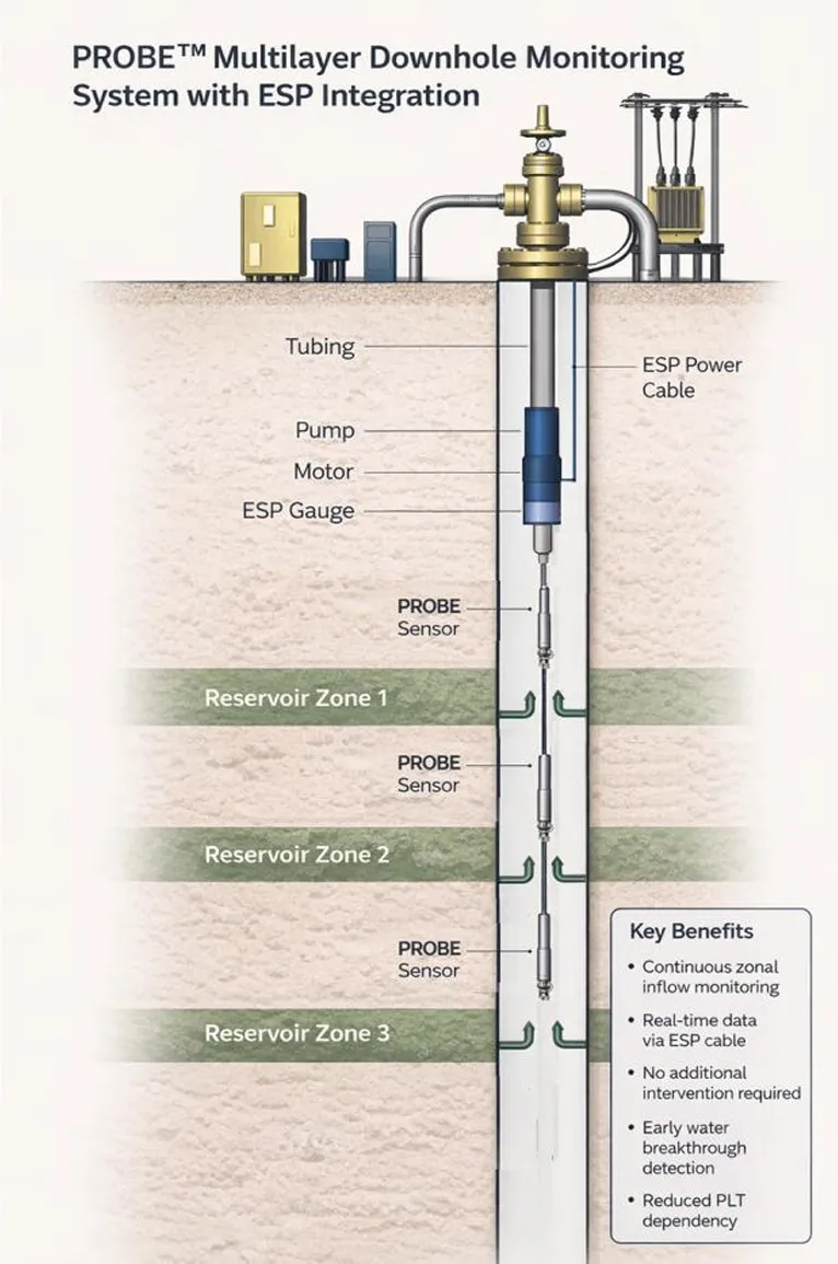 PROBE™ multilayer monitoring — tools installed above each producing formation in an ESP completion