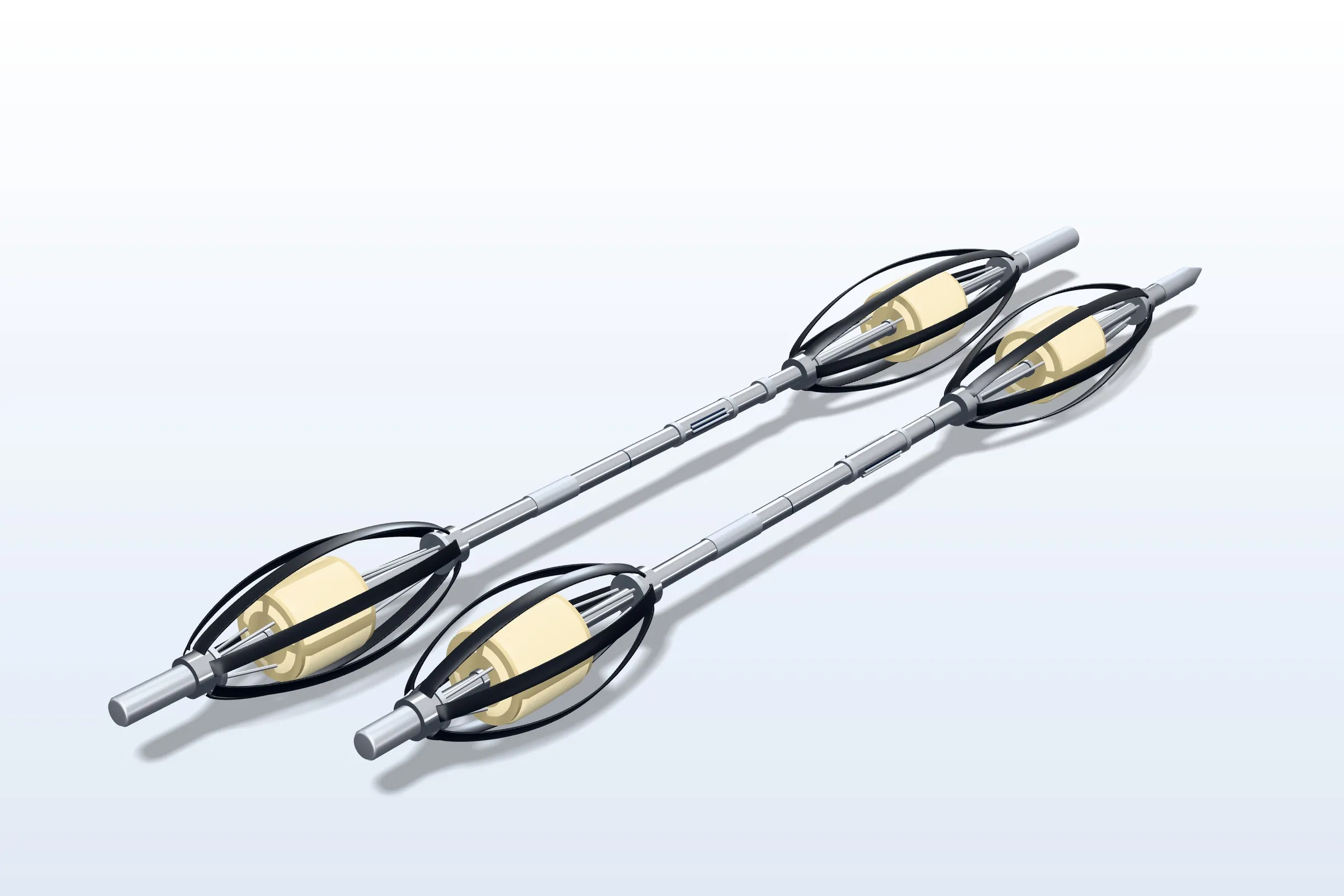 3D render of two PROBE™ instruments: polished steel bodies, black bow-spring centralisers and cream-coloured inserts